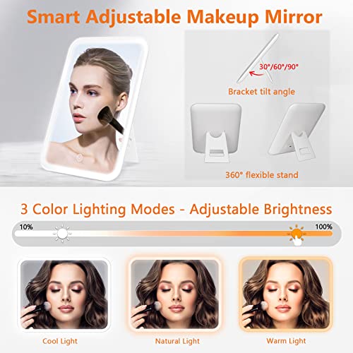 PEEH Makeup Bag with Lighted Mirror, Travel Make up Train Case with Adjustable Brightness Vanity Mirror and Detachable 10x Magnifying Mirror (Beige Clover)
