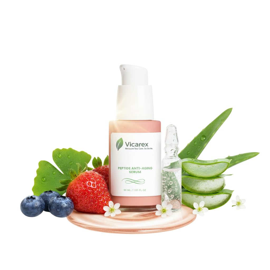 Vicarex Peptide Anti-Aging Face Serum with Hyaluronic Acid Firming & Hydrating Serum for Wrinkles & Fine Lines Ginkgo & Blueberry Oil Vegan Anti-Aging Skincare Floral Amber Scent 30 ml