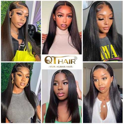 QTHAIR 14A Brazilian Hair Straight Human Bundles with Transparent Hd Lace Closure(16 18 20+14,Natural Black) 100% Unprocessed Human Hair with Swiss Lace Closure Brazilian Straight Weave Hair