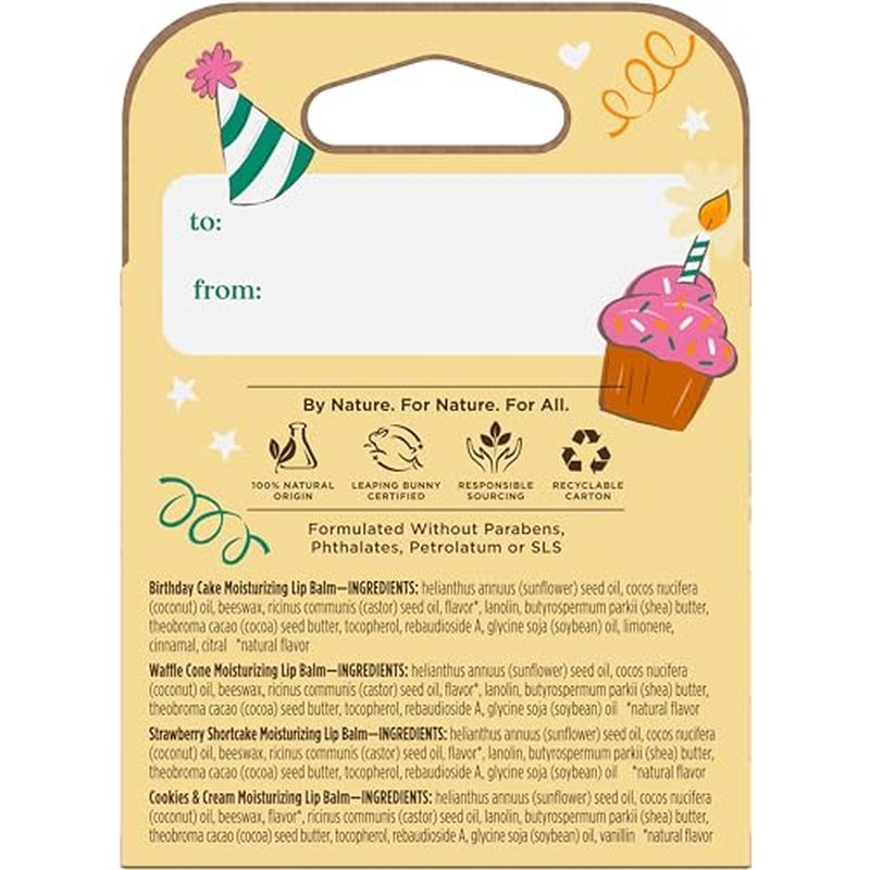 Burt's Bees Lip Balm Stocking Stuffers, Party Pack - Birthday Cake, Waffle Cone, Strawberry Shortcake, and Cookies & Cream, All Day Moisturizer, Tint-Free, Natural Origin Treatment (4-Count Pack of 1)