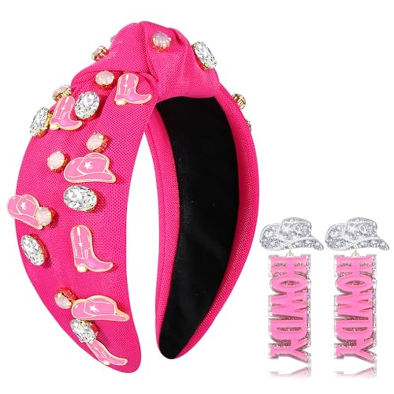 NVENF Western Knotted Headband, Hot Pink - Cowgirl Headbands with Rhinestone Crystal Knotted Headbands, Cowboy Boot Beads Embellished Headbands, Western Accessories for Women