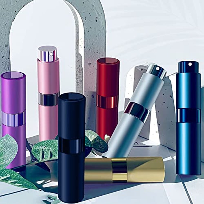 IRON BILL 4 PCS/8ml Portable Mini Perfume Atomizer Bottles, Empty Refillable Spray Bottle with 3 Types of Refill Tools, Pocket Travel Perfume Sample Bottles(Matte Black&Silver&Pink&Blue)