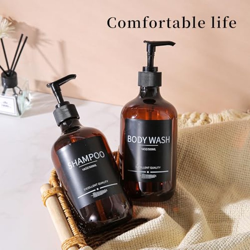 Mithrgrous 5Pack Amber Shower Bottles Refillable with Labels,16.9oz(500ml) Reusable Shampoo and Conditioner Bottles,Shampoo Dispenser Bottles,Shampoo and Conditioner Bottles