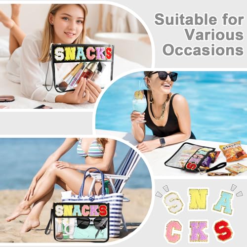 TESAFNG Snack Bag for Travel - Clear Chenille Varsity Letter Flat Pouch with Zipper, Waterproof Clear PVC&PU Preppy Patch Makeup Cosmetic tote Bags for Women Girls (Black-Snacks)