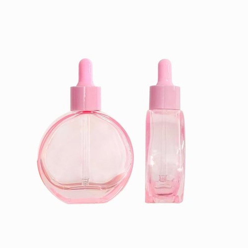 PYAWI 6Pcs, 2 oz Glass Dropper Bottles for Essential Oils ，60ml Pink flat round perfume bottle with Eye Droppers， for Essential Oils, Perfumes, Serums - Leakproof for Travel (A-Pink)