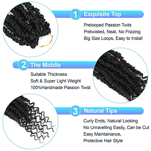 Pretwisted passion twist hair, 8 Inch 9 Packs Passion Twist Crochet Hair,Soft Black Pre Twisted and Looped Crochet Hair For Women Short Black Curly Crochet Twists Braids(8",1B#)