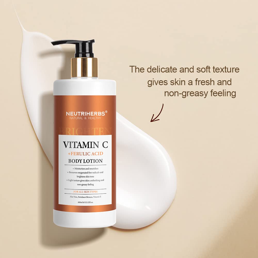 Neutriherbs Body Lotion for Women Dry Skin with Vitamin C + Ferulic Acid Natural Body Lotion Moisturizes and Nourishes for All Skin Types 13.52 Fl Oz Pump Bottle