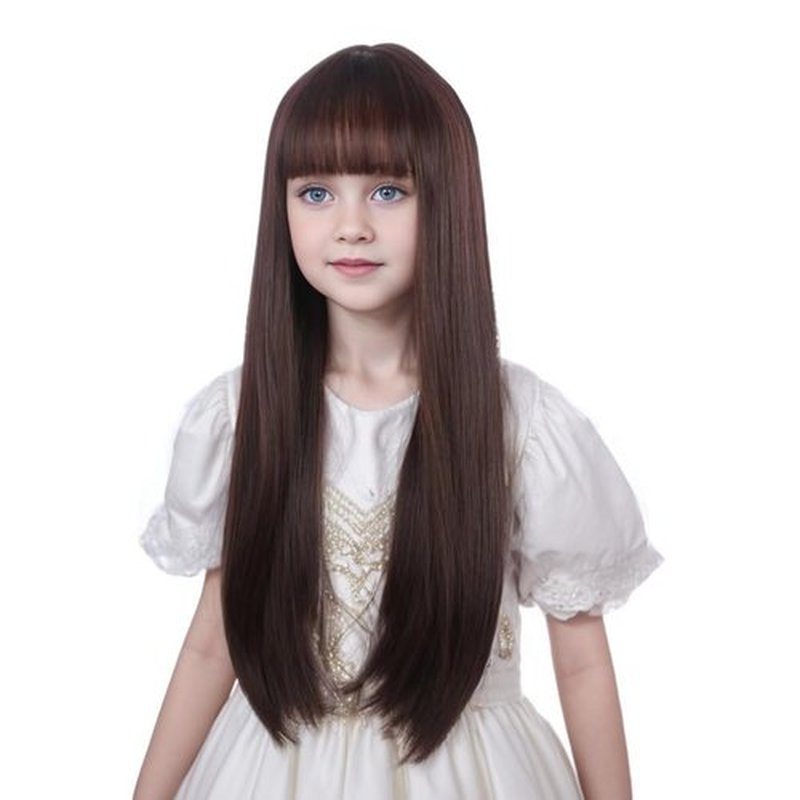 Ufindcos Brown Wig for Kids Long Brown Wig Long Straight Child Wig Brown Wig with Bangs for Girls 22 Inches Synthetic Wig With Wig Cap（Brown）