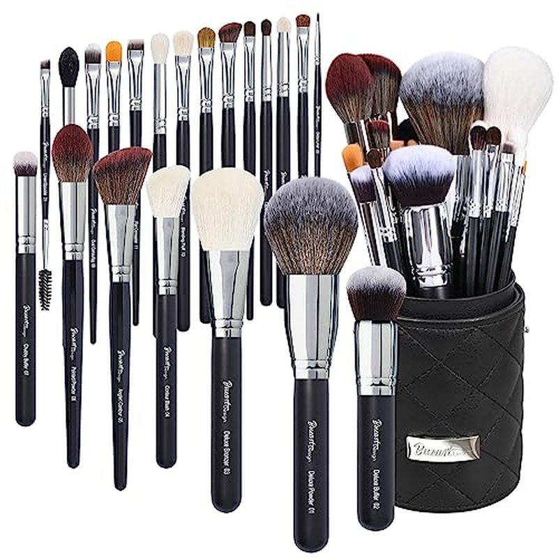 Bueart Design Pro makeup Artist Brushes Set 34Pcs Goat Hair Horse hair Makeup Brush Set with extra Large Holder (22Pcs Matte Black)