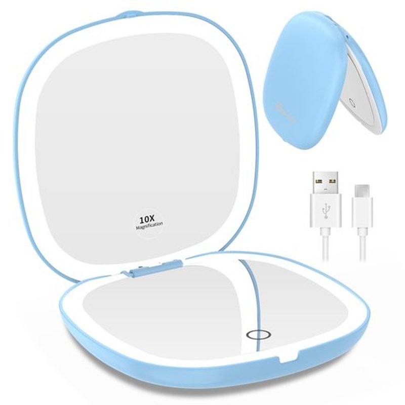 wobsion Travel Mirror with Light, Rechargeable 1x/10x Compact Magnifying Mirror, Dimmable Pocket Mirror,Handheld 2-Side Mirror with Light,4inch Travel Size,Portable for Handbag,Purse,Gift,Blue