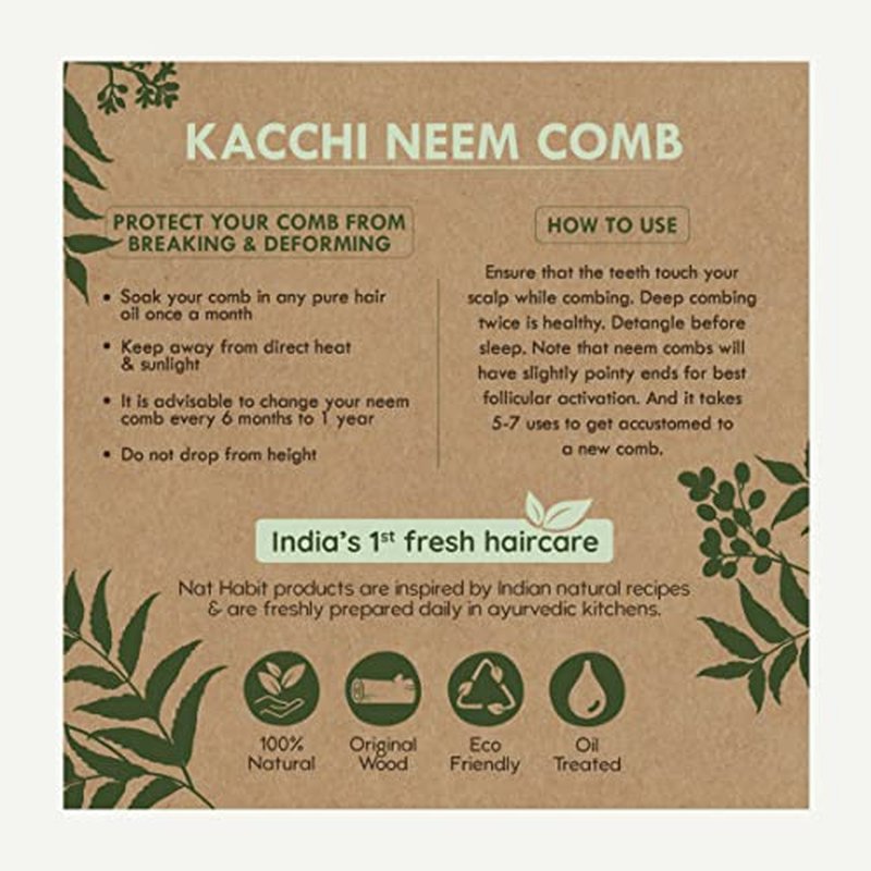 Nat Habit - Back To Natural Secrets Everyday Kacchi Neem Comb Treated With Neem Oil, Bhringraj & 17 Herbs (Dual Tooth) 18-20Cm Length Brown