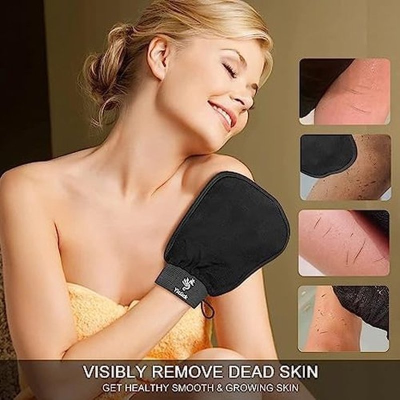 Yiclick Heavy Exfoliating Gloves, Exfoliating Body Scrubber for Bath Shower Exfoliation, Body Scrub Exfoliator for Dead Skin Remover, Exfoliate Sponge Loofah Washcloth Mitt Men Women (4Black)