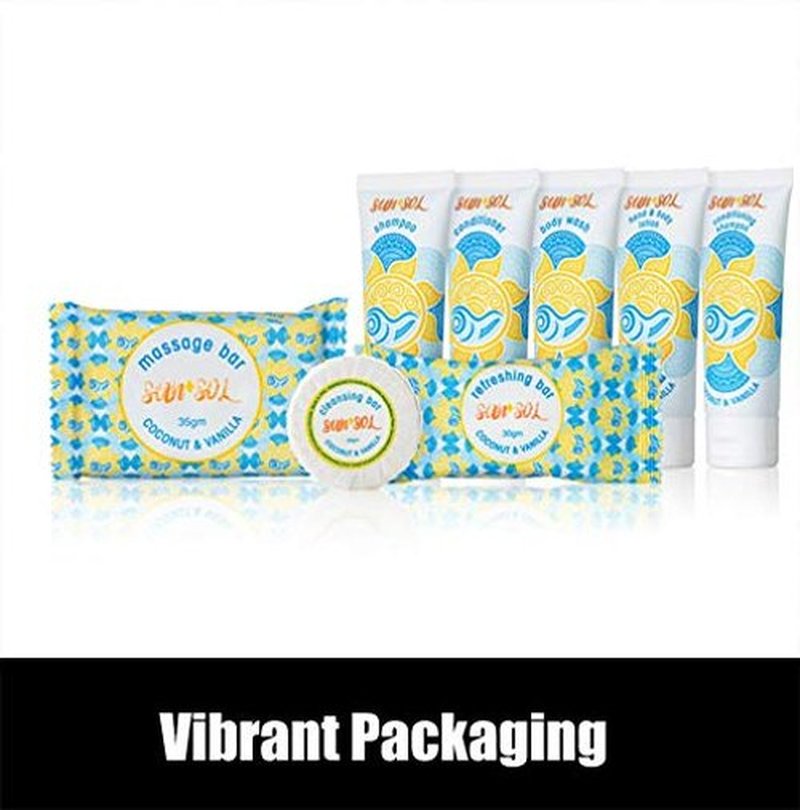 World Amenities Sun + Sol Bulk Moisturizing Massage Bar with Warm Coconut & Vanilla Fragrances, Sachet Wrapped Travel Size Toiletries, Mini Hotel Amenities, 1.23 oz, 100 Count