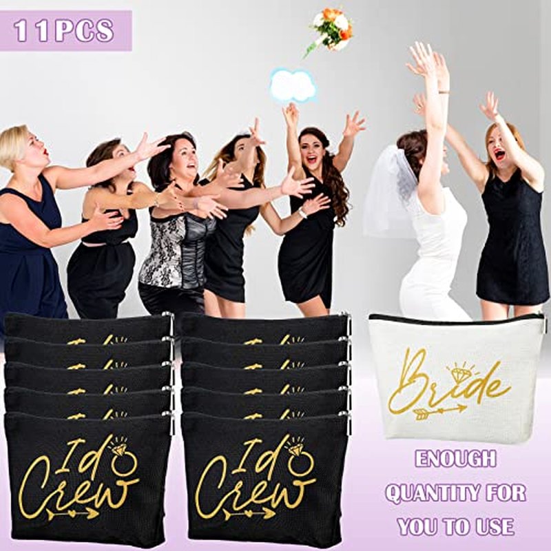 11 Pieces Wedding Makeup Bags Bridal Shower Cosmetic Bag Bachelorette Party Canvas Makeup Bags Bride I Do Crew Bridesmaid Proposal Gifts for Women (White, Black)