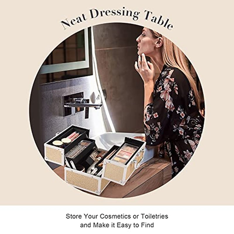 FRENESSA Makeup Train Case Portable Makeup Organizer Box 4 Trays Travel Makeup Storage for Makeup Tools Nail Kits Crafts Travel Makeup Box Gold