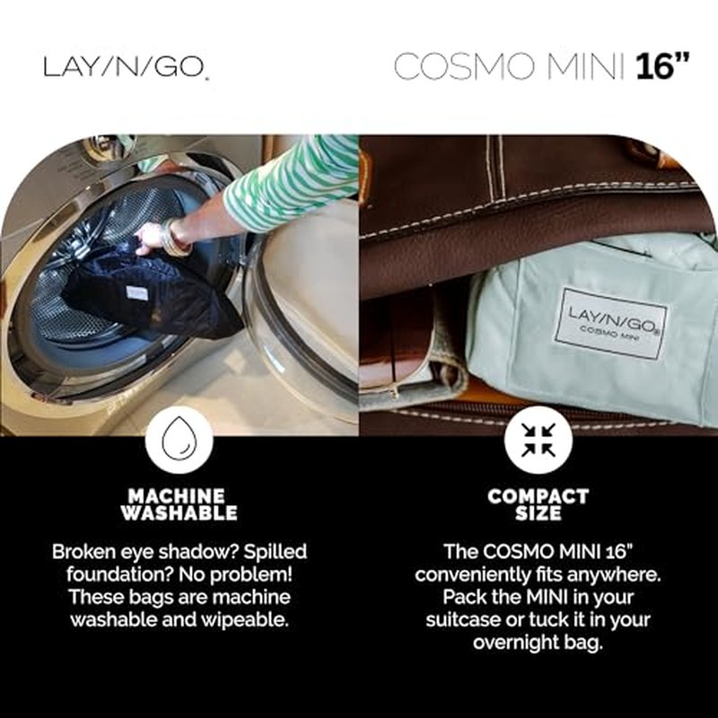 Lay-n-Go Cosmo Drawstring Cosmetic & Makeup Bag Organizer - Portable Drawstring Makeup Bag w/Zipper Pocket, Makeup Loops & More - Durable, Machine Washable Makeup Bag for Travel (20”, Navy/Green)