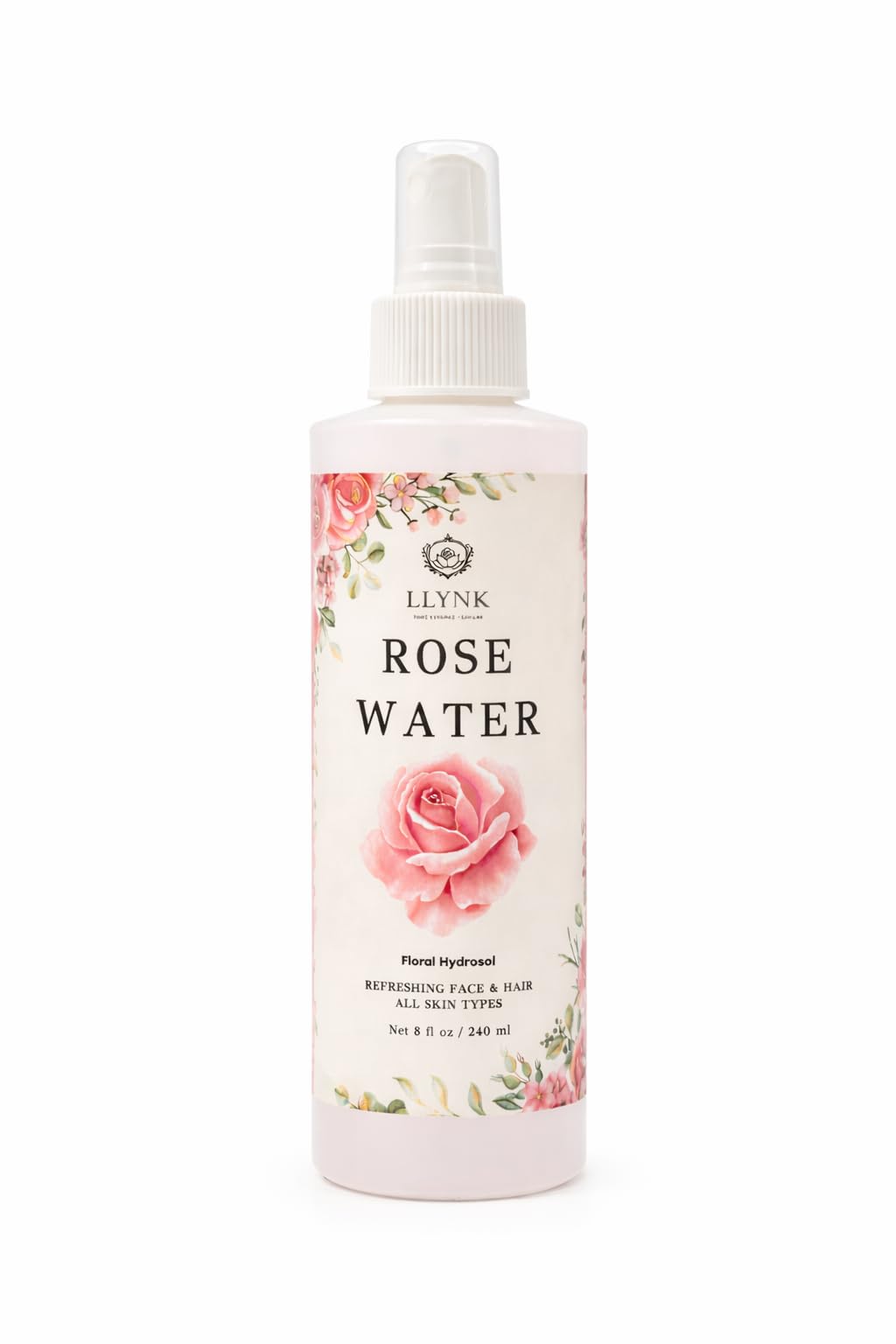 LLYNK Rose Water Facial & Hair Spray, 8 fl oz Hydrating Mist, Refreshing Toner for Skin & Scalp, Alcohol-Free, Hydrates and Soothes