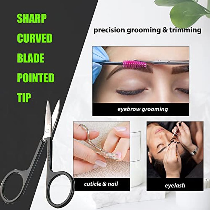Facial Hair Small Grooming Scissors For Men Women - Eyebrow, Nose Hair, Mustache, Beard, Eyelashes, Ear Trimming Kit - Curved and Rounded Safety Tip Clippers For Hair Cutting - 2PCS Silver