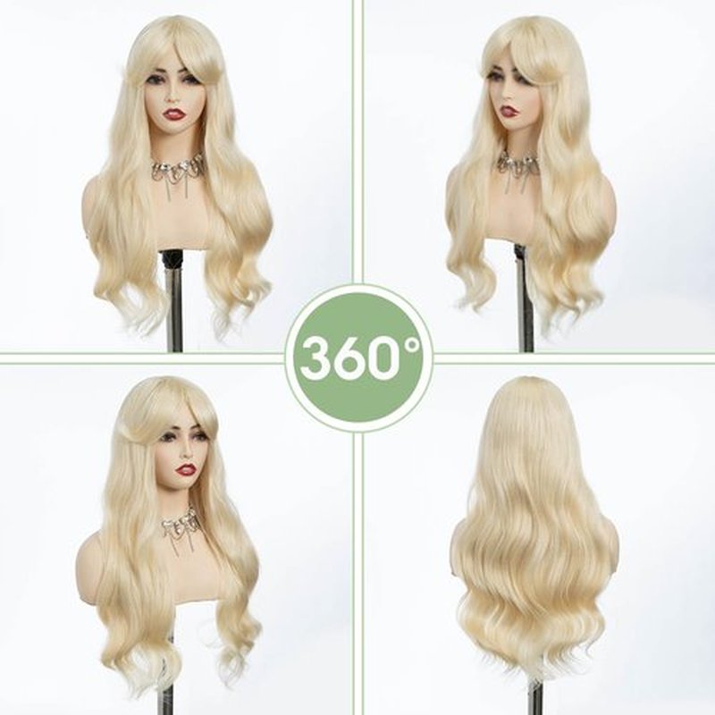 REBECCA STYLE Long Blonde Wig with Bangs 24 Inch Long Wavy Wigs with Bangs for Women Synthetic Curly Wigs Hair Replacement Wigs for Girls Daily Party Use Natural Looking (Blonde)