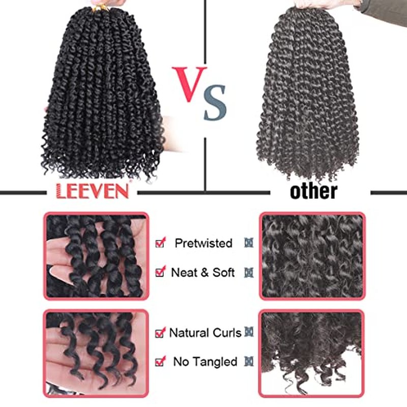 Leeven 8 Inch 8 Packs Pre-twisted Passion Twist Crochet Hair With Curls At The Ends Natural Black Pre-looped Short Bohemian Passion Twists Crochet Braiding Hair Extensions for Women 1B#