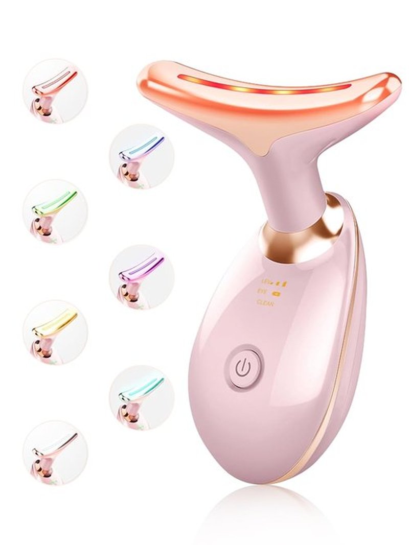 Facial Beauty Device, Multifunctional Facial Skin Care Tools with Vibration, Red and Blue LED Light, 7 Color Led Face and Neck Beauty Device for Home Use, Improve Skin(Glossy Pink)
