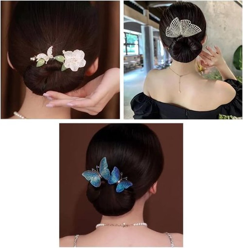 Ins Style Elegant Lazy Hair Curler, French Twist Hair Bun Maker, Lazy Flower Hairpin,Rhinestone Hand-Embroidered Flower Hair Accessory (Blue Butterfly)