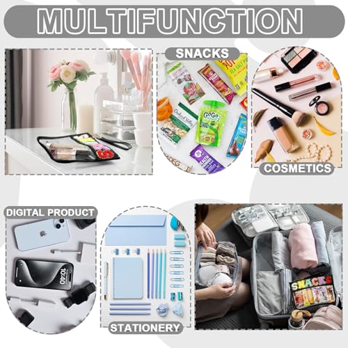 TESAFNG Snack Bag for Travel - Clear Chenille Varsity Letter Flat Pouch with Zipper, Waterproof Clear PVC&PU Preppy Patch Makeup Cosmetic tote Bags for Women Girls (Black-Snacks)