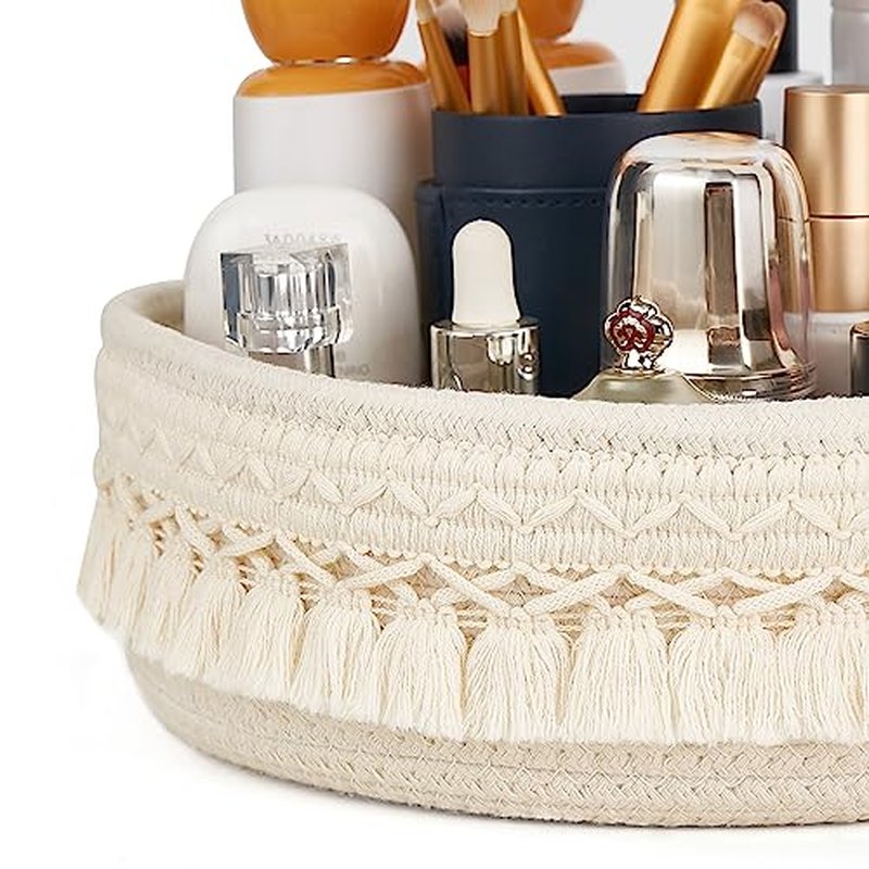 Mkono Makeup Perfume Holder Organizer Macrame Decorative Woven Rope Basket Boho Decor Cosmetics Desk Storage Baskets for Dresser Skin Care Lotions Essential Oils Dorm Room Essentials
