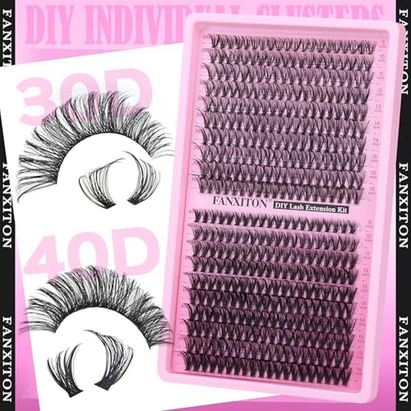 FANXITON Lash Clusters Wispy 30D+40D Lashes Clusters 400pcs Eyelash Clusters D Curl Natural Cluster Eyelash Extensions 9-16mm Mix Individual Lashes for Beginners