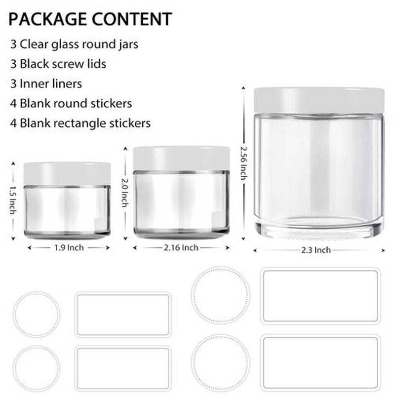 Tecohouse Glass Jar with Lids, 1 oz, 2 oz and 4 oz Glass Jars with Lids & Stickers, Reusable Travel Containers for Creams, Lotion, Cosmetic - 3 pack