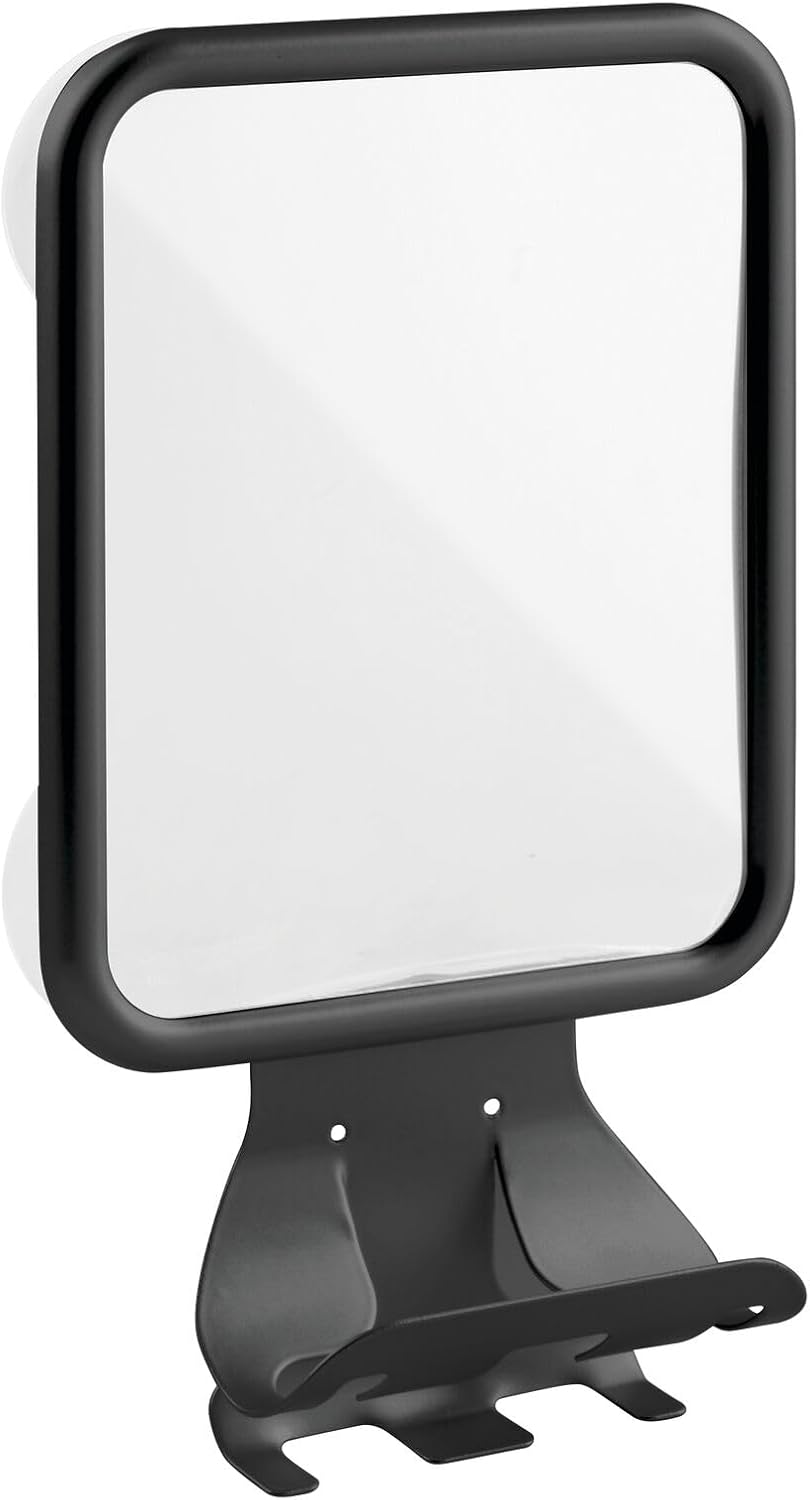 Large Matte Black Suction Shaving Mirror for Bathrooms - Includes Holders for Razors & Cream