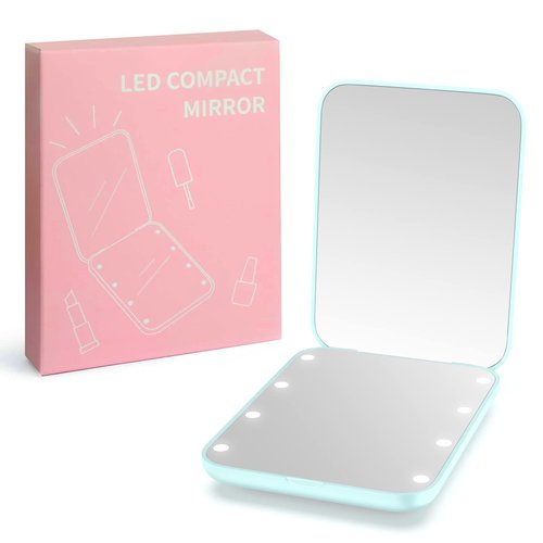 wobsion Small Mirror with Lights,LED Compact Makeup Mirror,1x/3x Mini Travel Mirror with Magnification,Portable Hand Held Mirror for Purse,Pocket,Gifts for Girls,Cyan