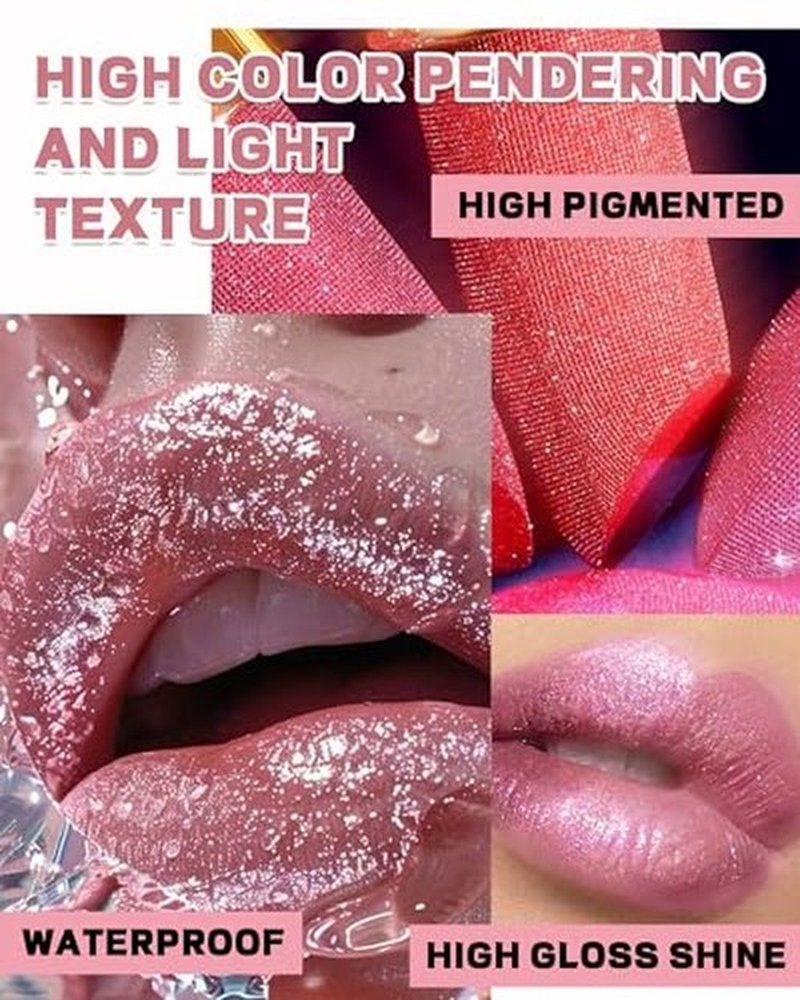 Glitter Metallic Shimmer Lipstick Long Lasting,High Shine Glitter Diamond Creamy Red Color Matte Lipstick Transfer Proof Non-Stick Lip Gloss Shimmer High Impact Full Coverage Lip Makeup for Women-01