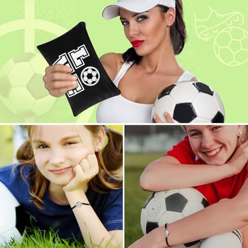 Sweetude 24 Pcs Soccer Gifts 12 Pcs Soccer Makeup Bag 12 Pcs Adjustable Soccer Bracelet Soccer Accessories Gifts for Team Players Soccer Birthday Party Favors Supplies Travel Charms(Black)