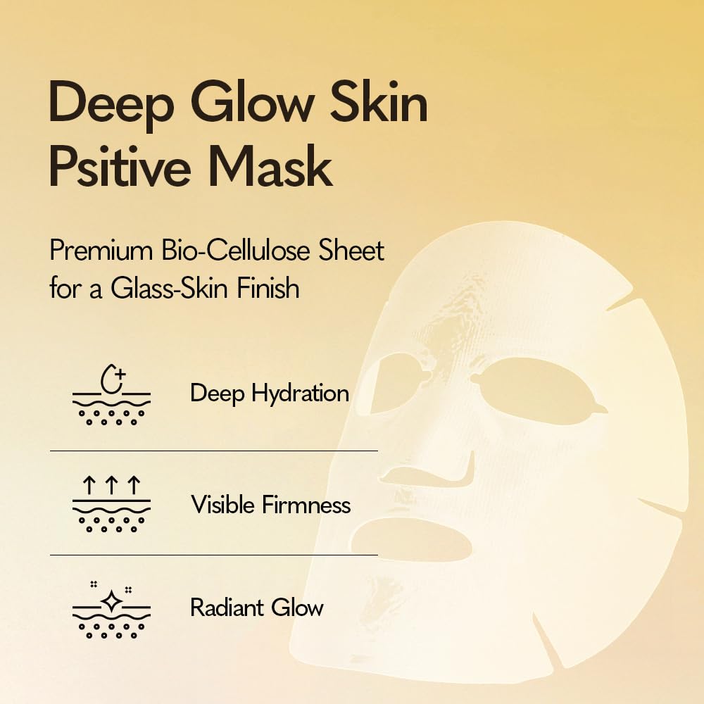 YUZY Deep Glow Skin Positive Mask, Bio-Cellulose Sheet Mask for Glass Skin, Hydrating Face Mask & Microbiome Care with Peptides & Hyaluronic Acid, Korean Skincare | 33g x 5 Sheets