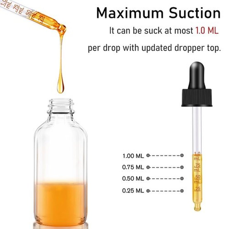 Bumobum 2 oz Clear and Amber Bottle, 2 pack Glass Dropper Bottles for Essential Oils Bottles with Funnel, Labels and Measured Dropper - Leakproof Lap dispensing Bottles