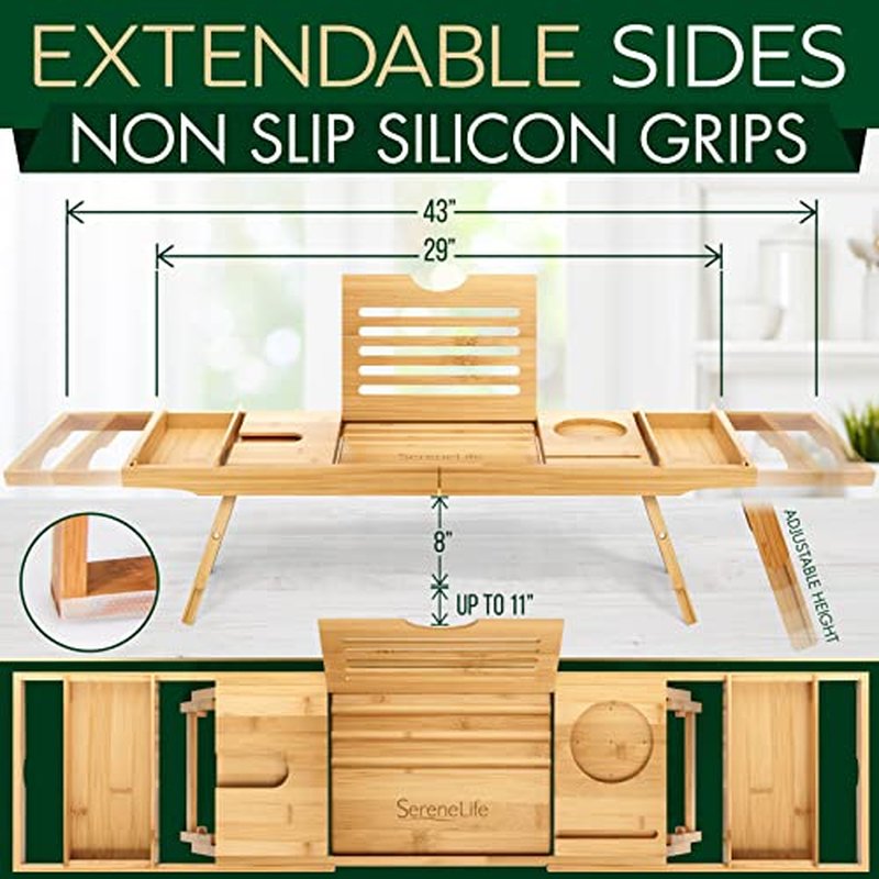 SereneLife Bath Caddy Breakfast Tray Combo - Natural Bamboo Wood Waterproof Tub and Bed with Folding Slide-Out Arms, Device Grooves, Wine Glass Soap Holder