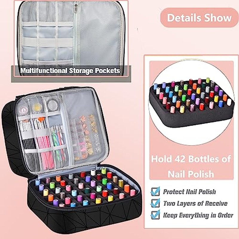 FCQQYWZ Nail Polish Organizer Case - Holds 42+ Bottles (15ml/0.5 fl.oz) and 1 Nail Lamp, Upgraded Double-layer Nail Polish Carrying Case Nail Polish Storage Bag with Handles (Black)