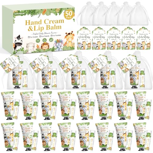 50 Pack Bulk Hand Cream and Bulk Lip Balm Gifts Sets, Baby Shower Favors and Bridal Shower Favors for Guests with Thank You Card and Organza Gift Bags, Birthday Gifts, Stocking Stuffers (Animal)