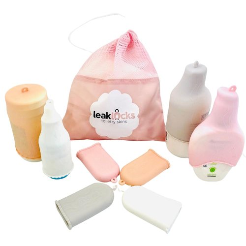LeakLocks® Toiletry Skins 4-Pack w/Travel Bag. Elastic Sleeve for Leak-Proofing Travel Container in Luggage. Fits Standard/Travel Sized Toiletries. Reusable Accessory for Travel Bag Suitcase/Carry-on