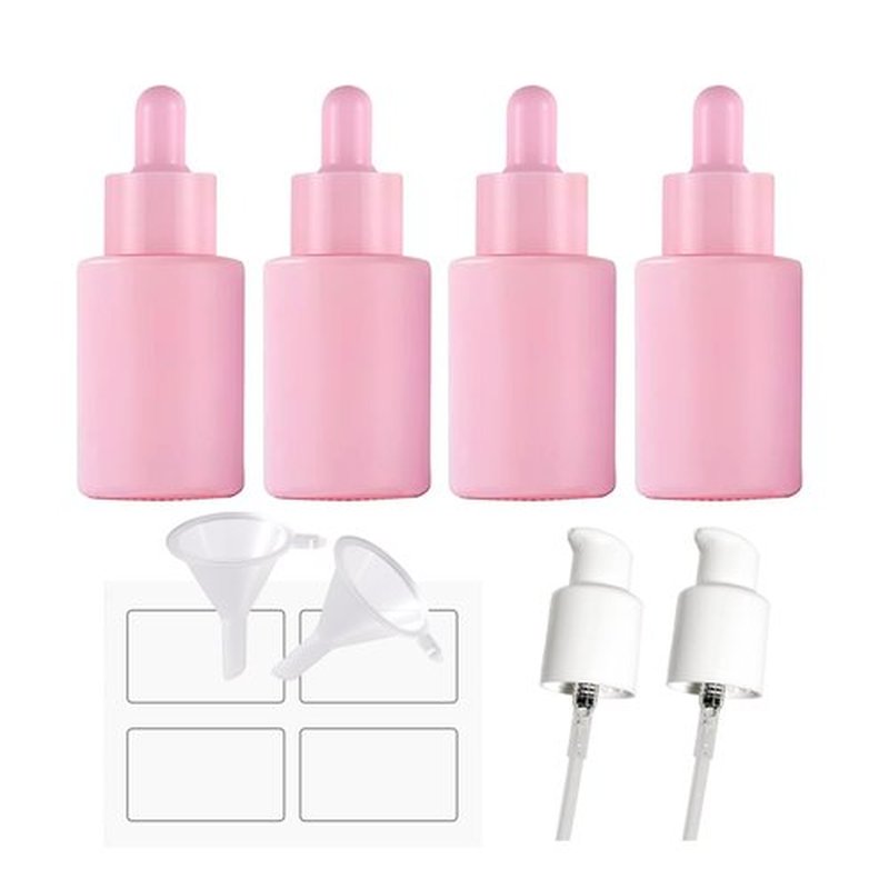 AGENIZ 4 Pack 1oz Glass Dropper Bottle,Pink Glass Dropper Bottles with 2 Funnels & 2 Lotion Pumps,30 ml Eye Dropper Bottles For Essential Oils,Serums,Lotion,Tincture Bottles (B - Pink)