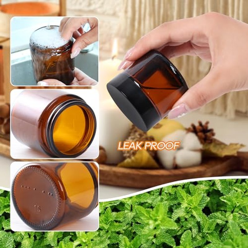 2 Pack 2 oz Amber Glass Jars with lids, Cosmetic Jars with Inner Liners and Black Lids, Lotion Jars, Candle Making Jars for Lotions, Scrubs and Cosmetic, Lables and Spatulas Include