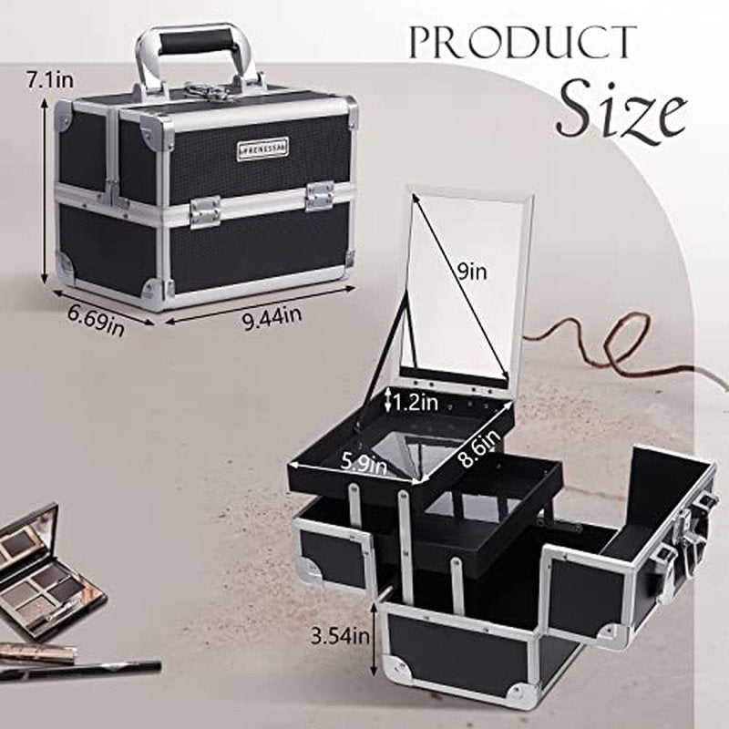 FRENESSA Makeup Train Case Cosmetic Organizer Case Portable Makeup Box with Mirror 2 Trays Lockable Make up Travel Storage Case for Makeup Artist, Nail Kits, Makeup Tools Makeup Case Modern Black