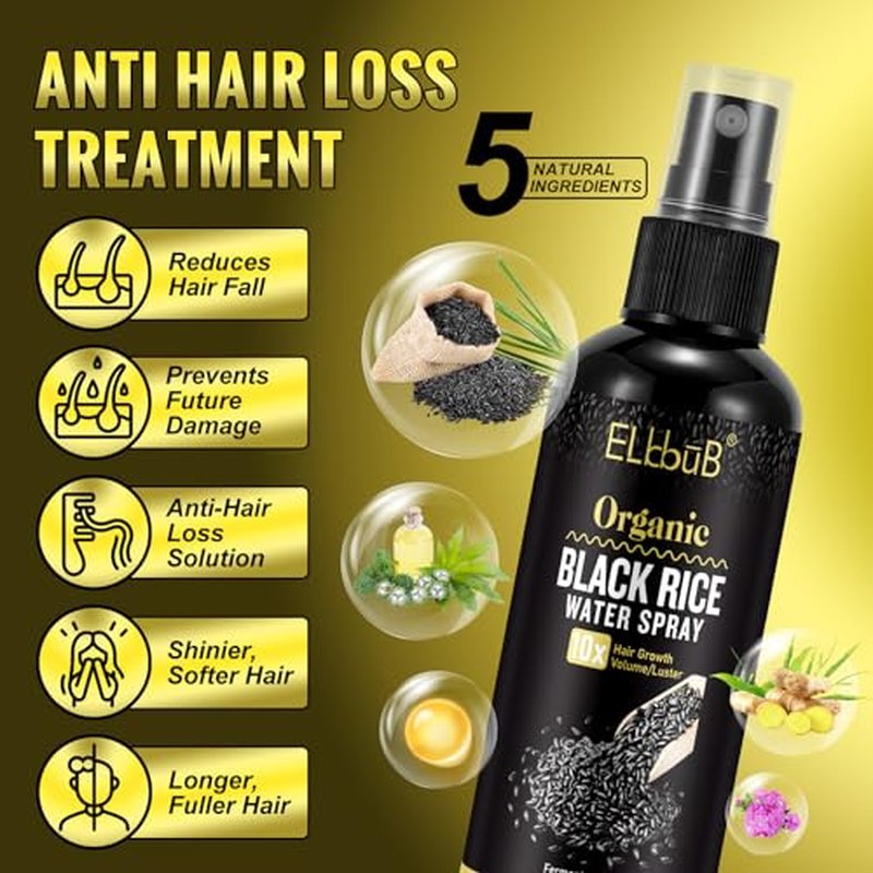 Black Rice Water Hair Growth Serum Spray - Natural Vegan Hair Regrowth Treatment for Men & Women with Castor Oil and Ginger - Ideal for Damaged, Dry Hair - Enhances Thickness, Length, Luster