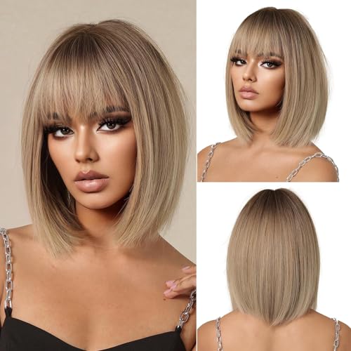 OUFEI Ombre Blonde Bob Wigs for Women Short Straight Wig with Bangs Synthetic Hair Heat Resistant Wigs for Daily Party Cosplay Wear
