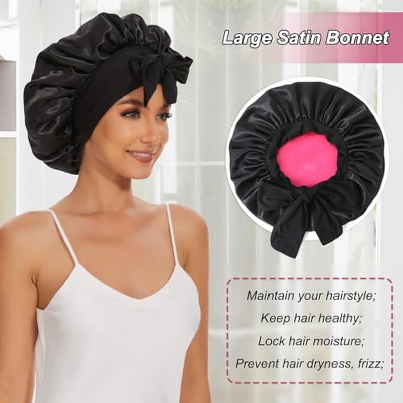 Satin Silk Bonnet Hair Bonnet for Sleeping Jumbo Sleep Cap, Black Bonnet for Women Curly Hair, Double Layer Bonnet with Tie Band