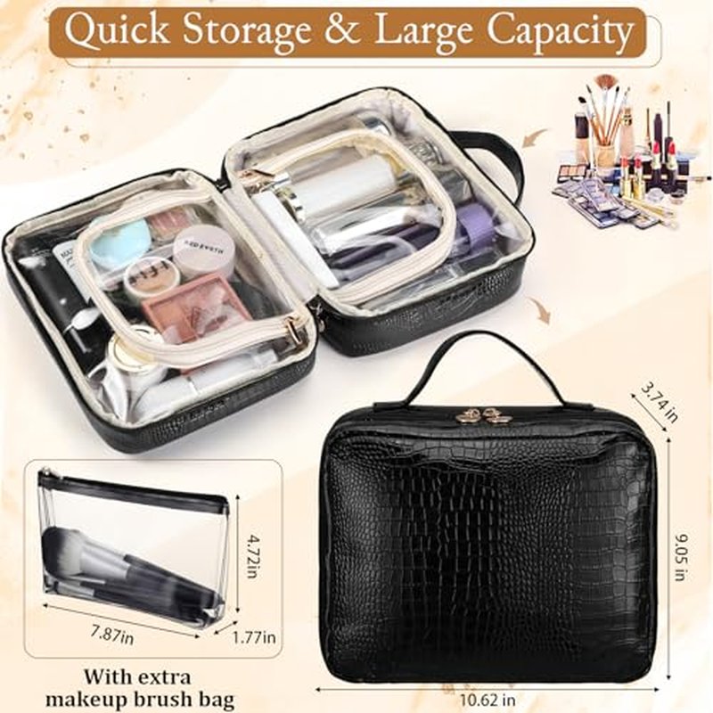 ZQQZAN Travel Makeup Bag - Large Capacity Cosmetic Bag with Makeup Brush Bag, Leather Makeup Travel Case Open Flat Makeup Case, Cute Makeup Organizer Bag for Women Girls, Black