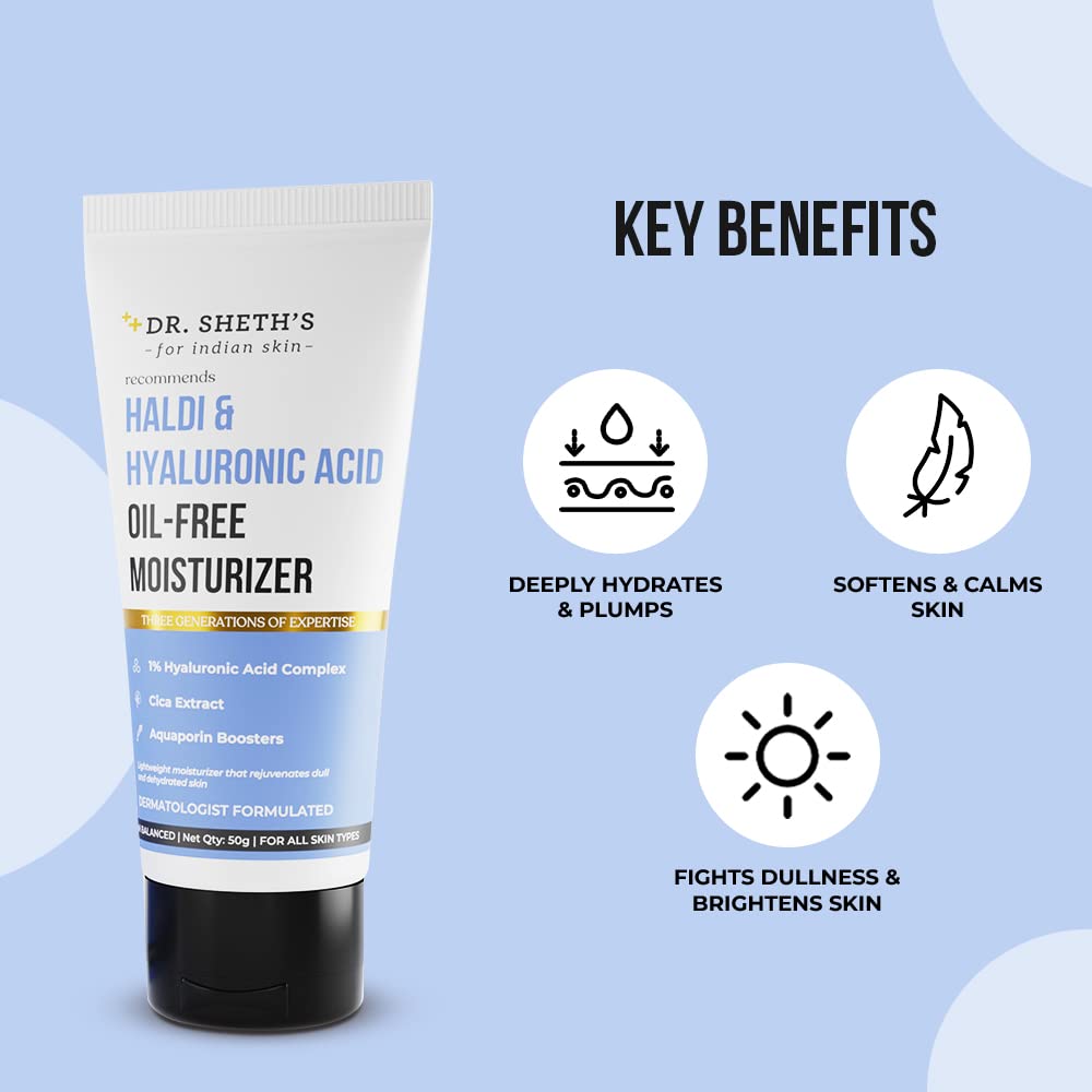 Dr. Sheth's Haldi & Hyaluronic Acid Oil-Free Moisturizer Lightweight Moisturiser Rehydrates Dull Skin With 1% Hyaluronic Acid, Cica Extract & Aquaporin Boosters For Women & Men 50G