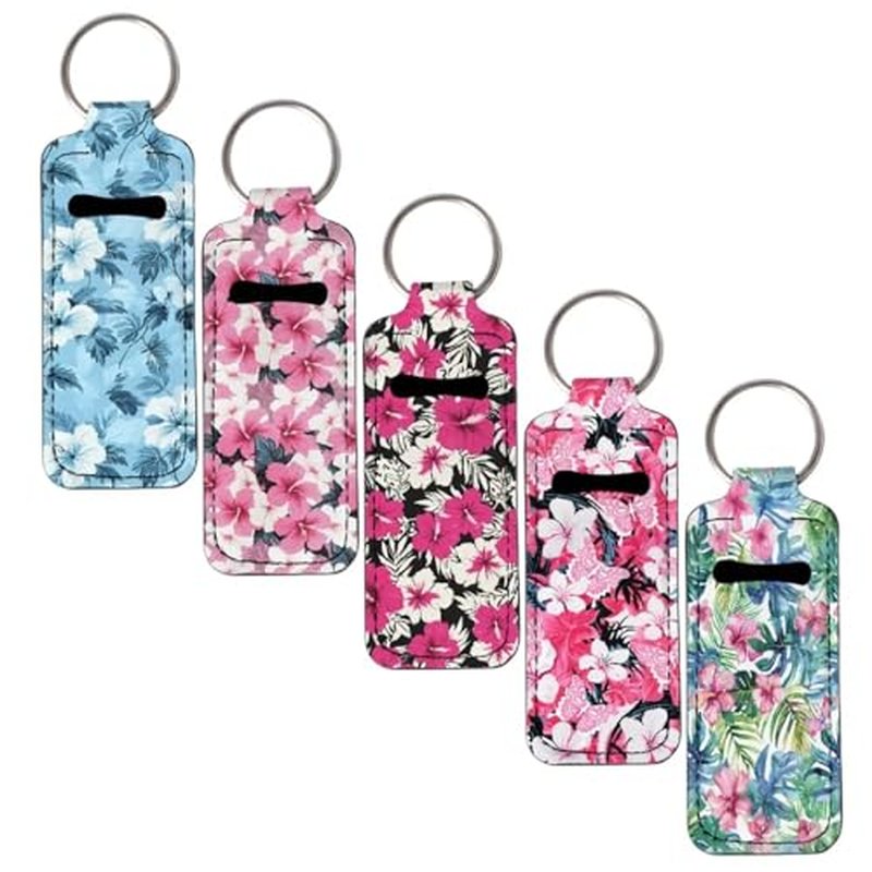 SEANATIVE Tropical Floral 5 Pieces Lipstick Keychain Holder Lip Balm Holder Keychain Clip on Sleeve Chapstick Lip Gloss Holder Colorful Lipstick Pocket Keychain Bag Accessories for Women