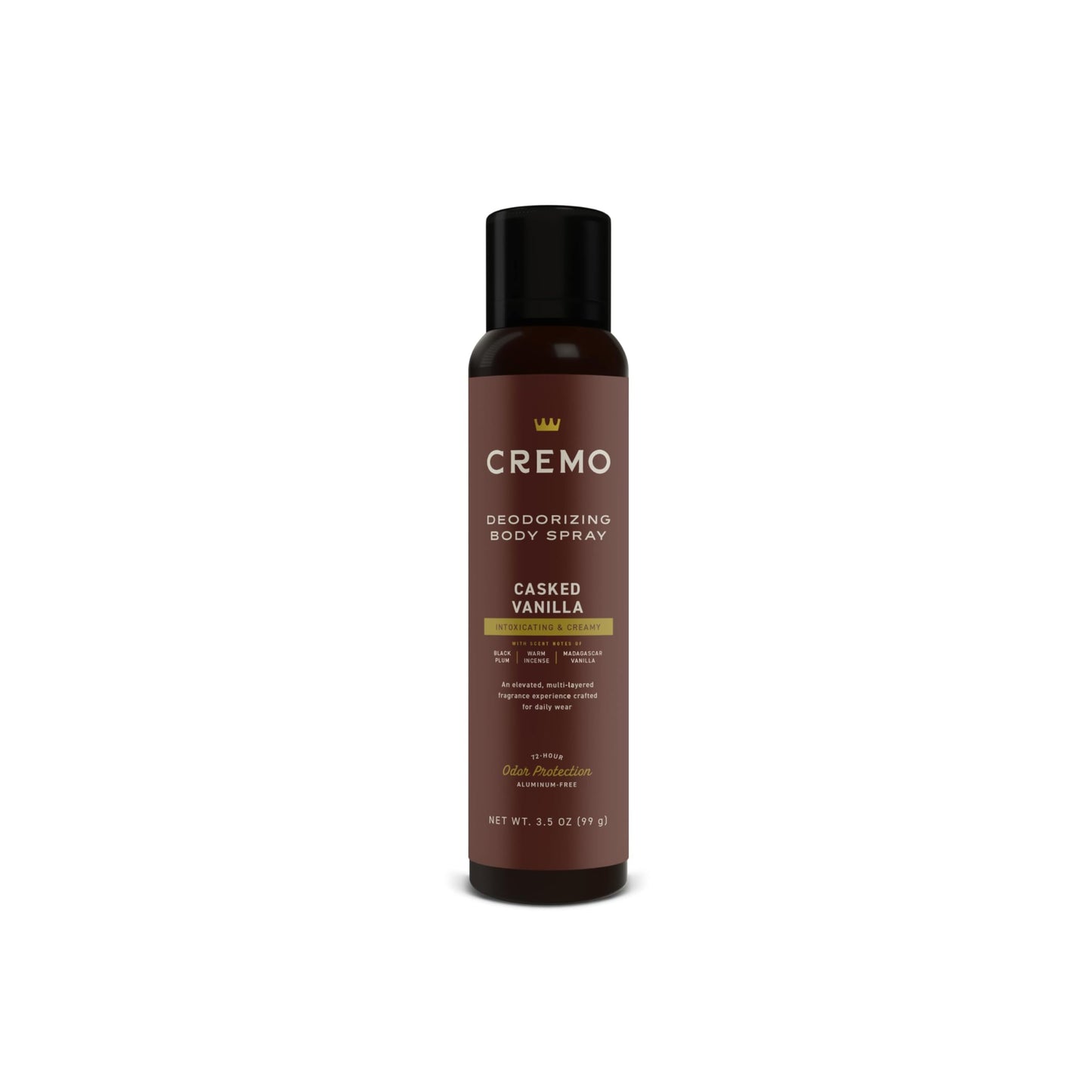 Cremo Casked Vanilla Body Spray, A Sophisticated Blend of Black Plum, Warm Incense, and Madagascar Vanilla, 3.5 Fl Oz